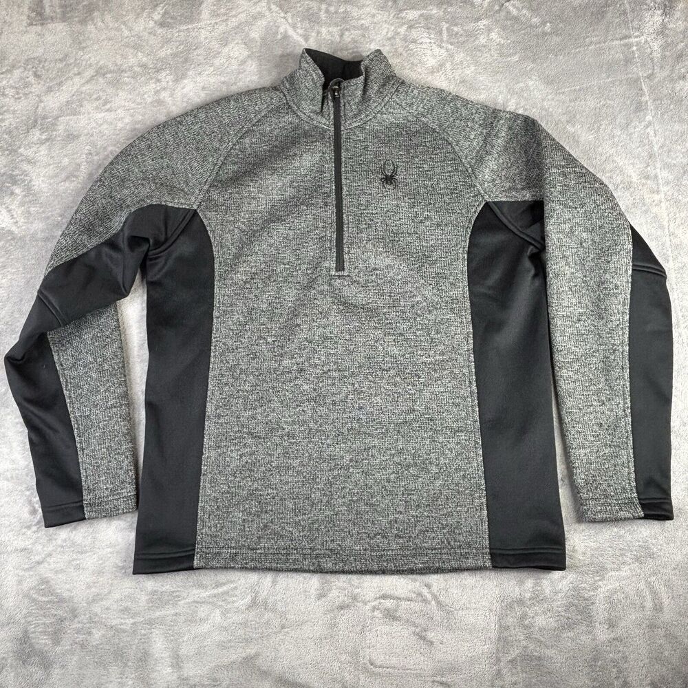 Spyder Jacket Mens Medium 1/4‎ Zip Pullover Gray Black Fleece Layering Hiking